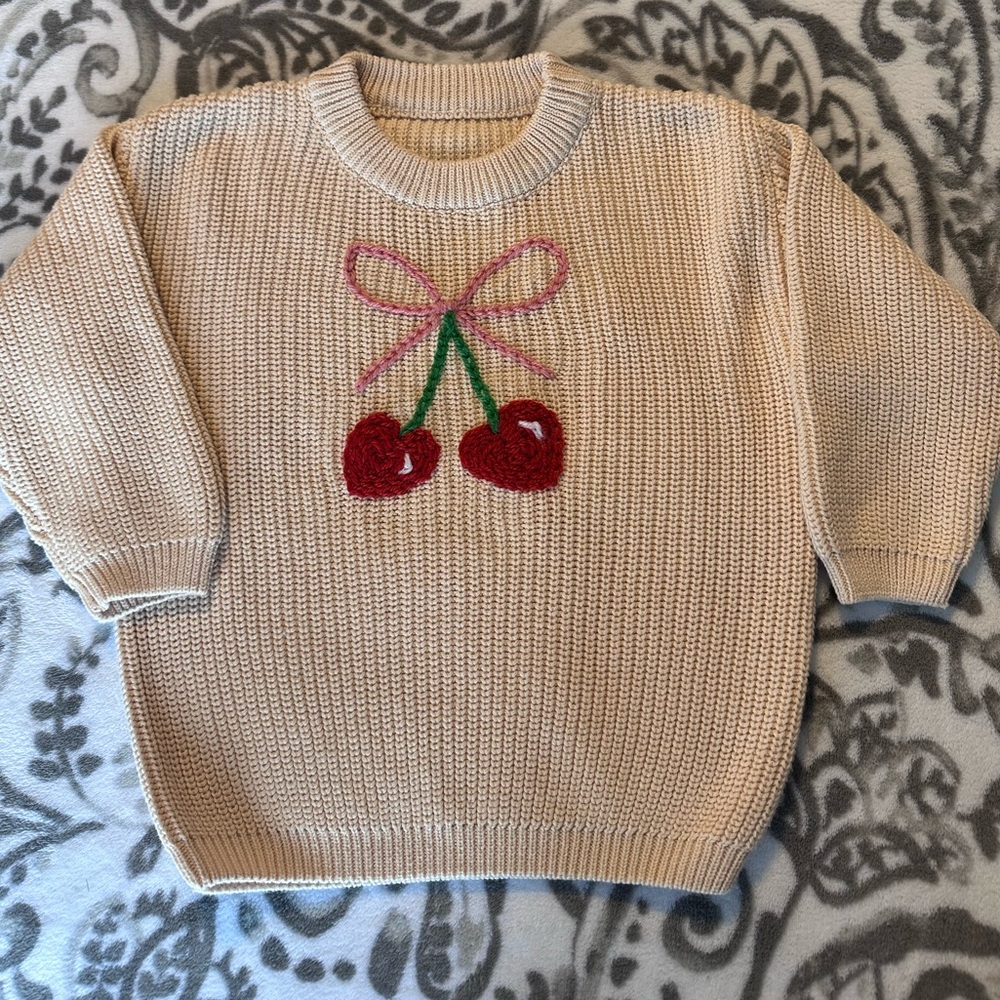 Hand embroidered cherry heart and bow sweater 18-24m